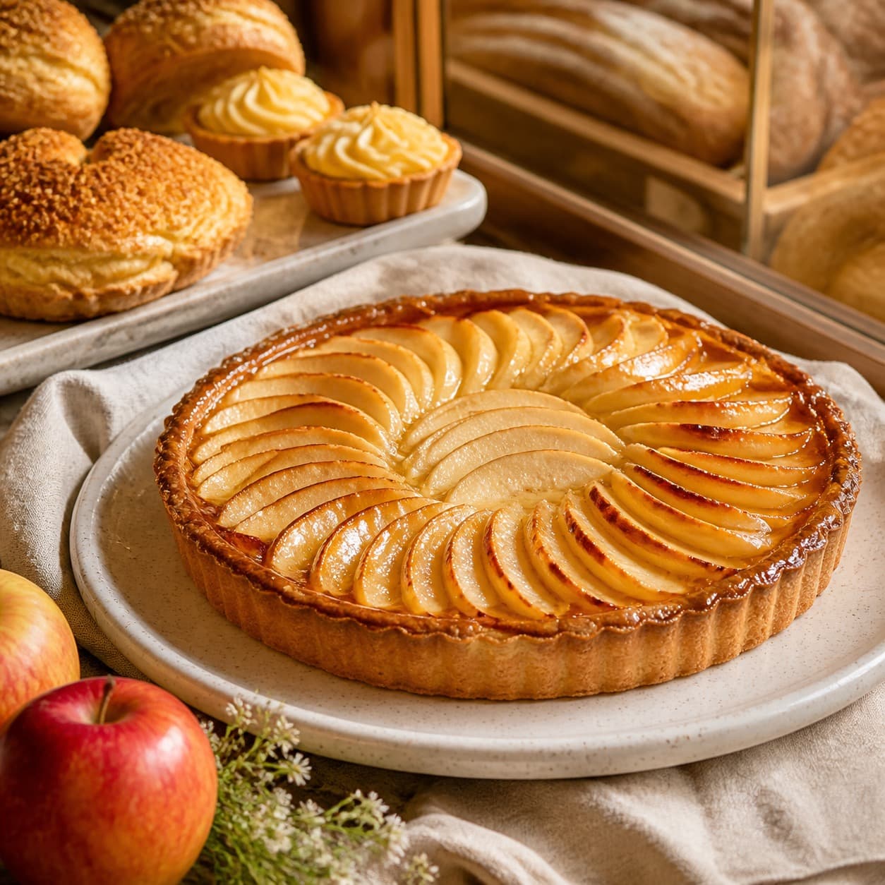 Tarte aux pommes brillante présentée sur une assiette.