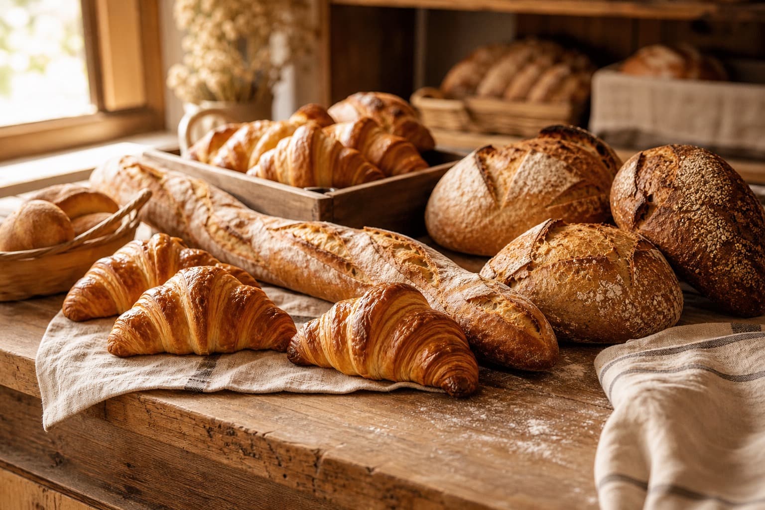 Croissants dorés et pains artisanaux dans une boulangerie.