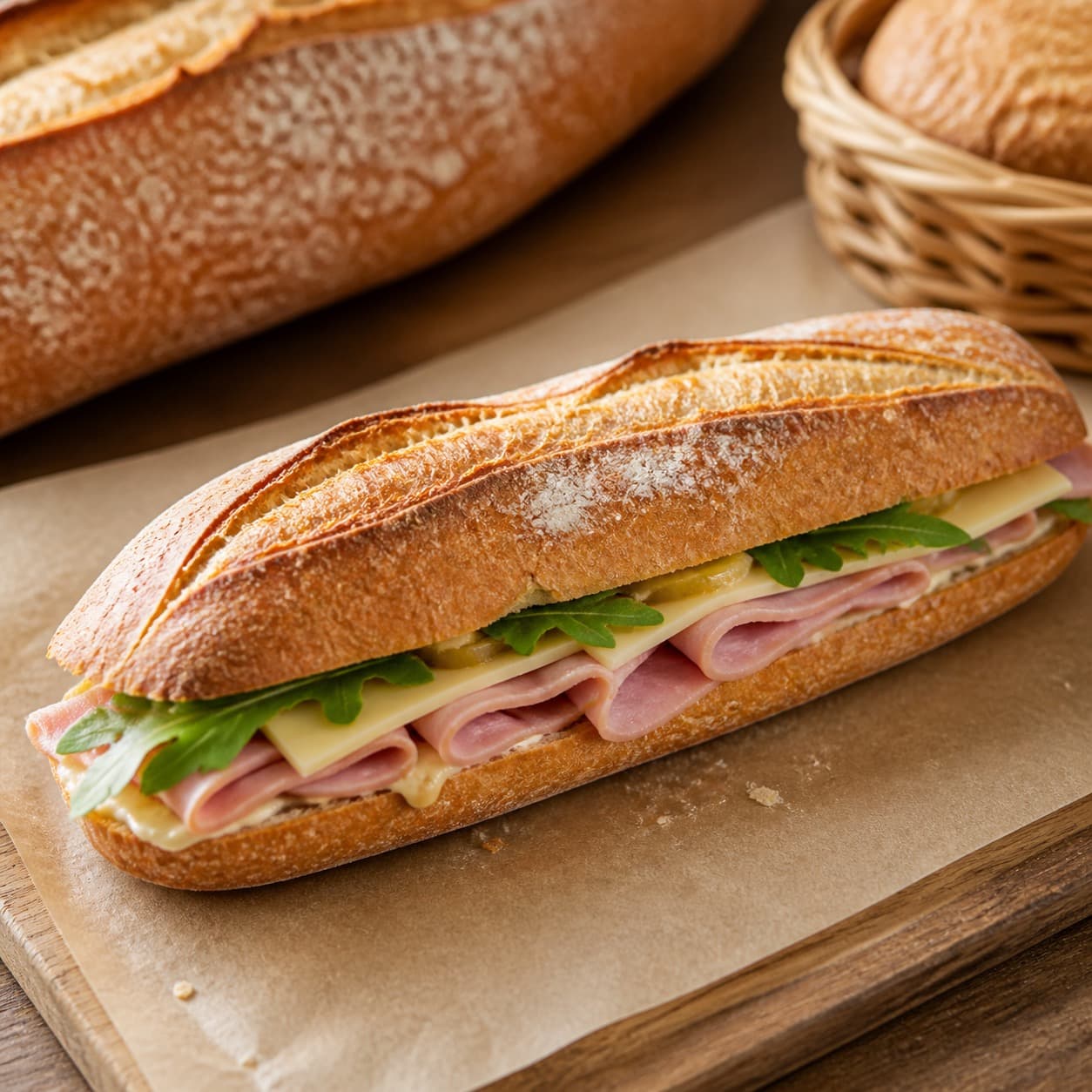 Sandwich baguette préparé pour le retrait du midi.