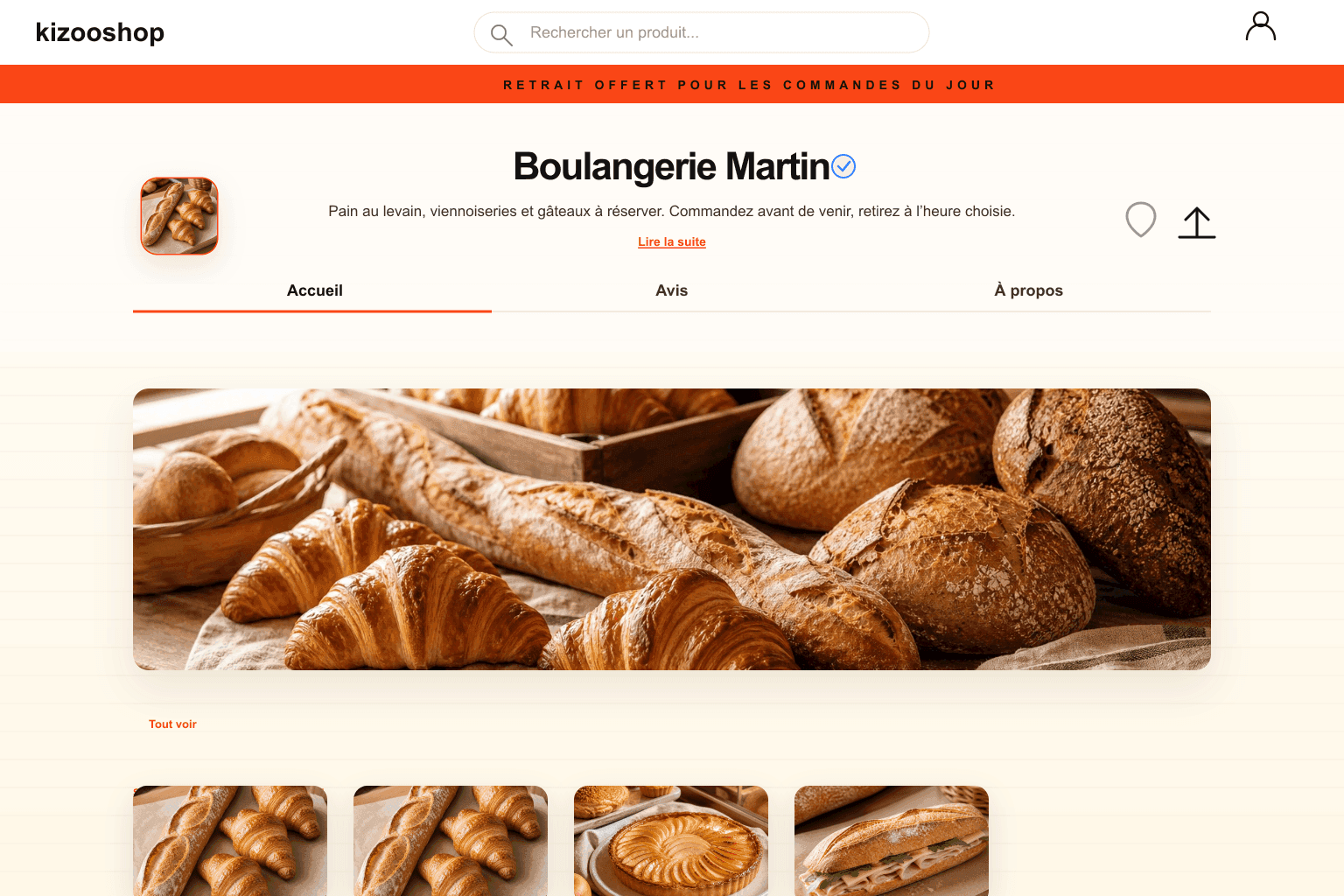 Capture générée d’une boutique de boulangerie sur KizooShop avec produits, panier et commande à retirer.